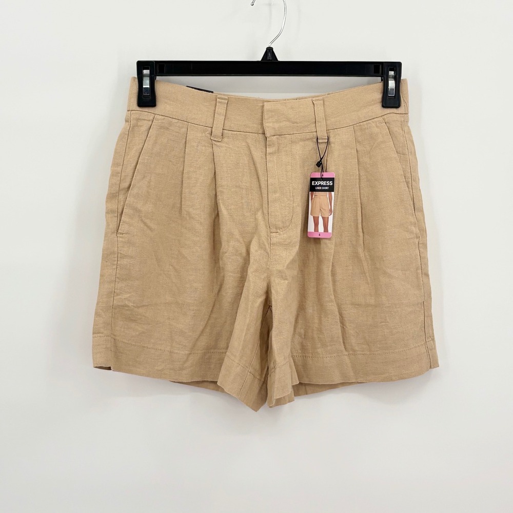 Express Womens High Waisted Pleated Linen Shorts Cream Tan Size 6 NEW EX008242